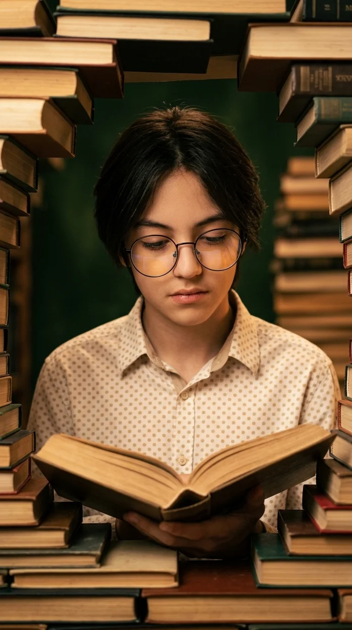  Мальчик в круглых очках среди высоких стопок книг