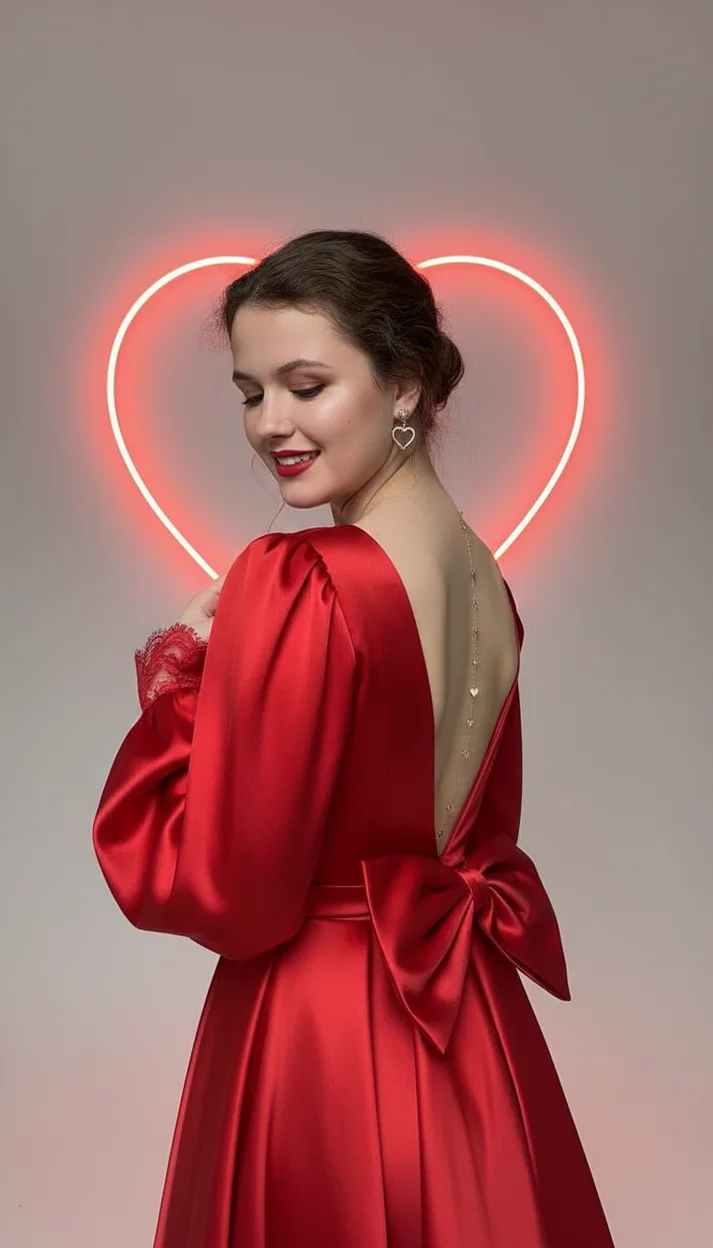 Девушка в студии в красном атласном платье