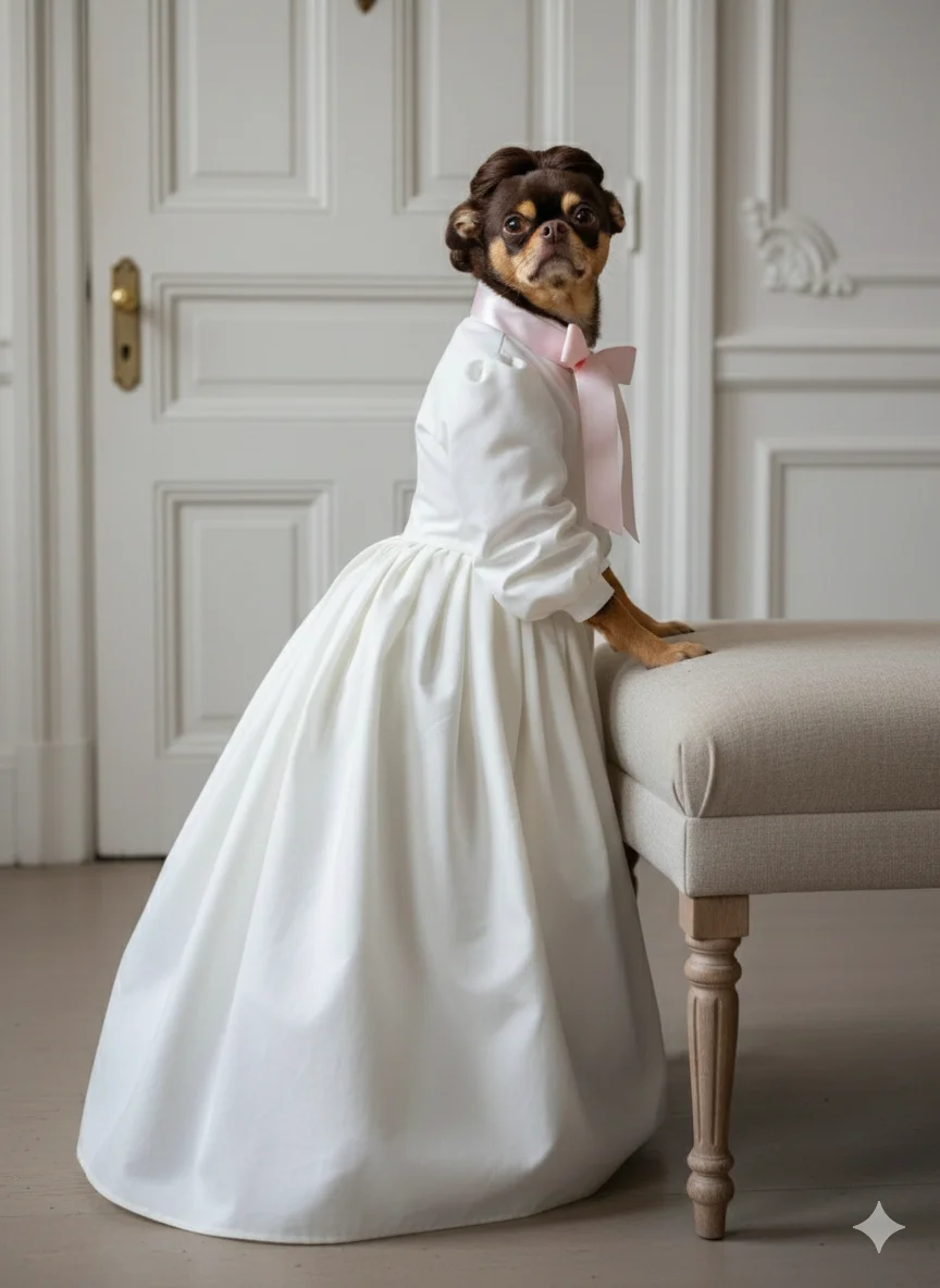 Собачка в платье в дорогом интерьере