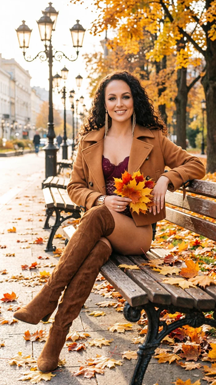 Фотосессия на поваленном дереве в золотом лесу — бордовое кружевное бельё, высокие замшевые сапоги и карамельное полупальто с букетом кленовых листьев