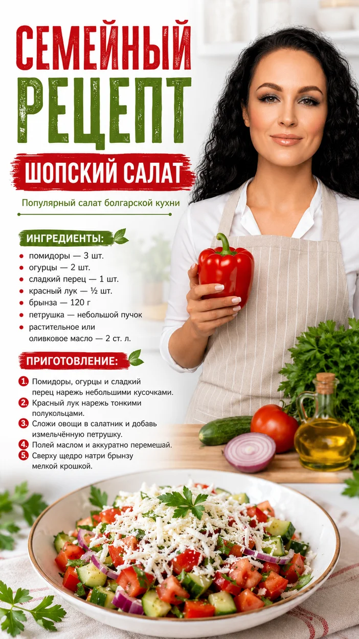 Фотосессия шопского салата в домашней кухне