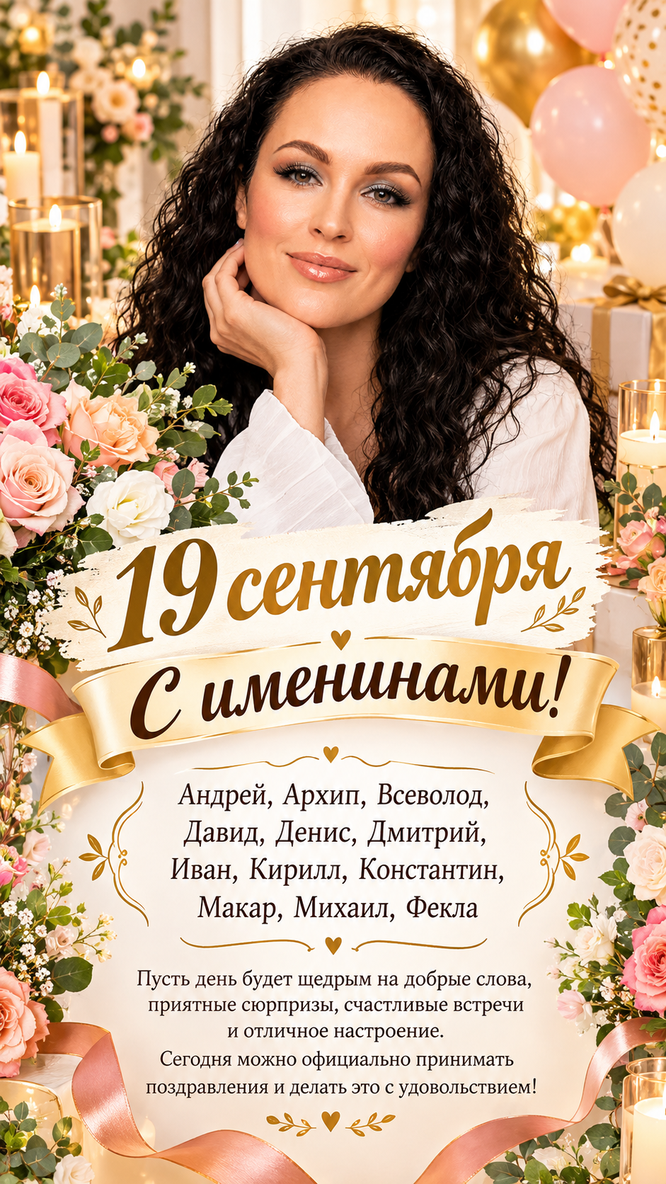 Фотосессия праздничная с именами 19 сентября — С именинами!, девушка в светлой фотозоне с цветами и списком имён