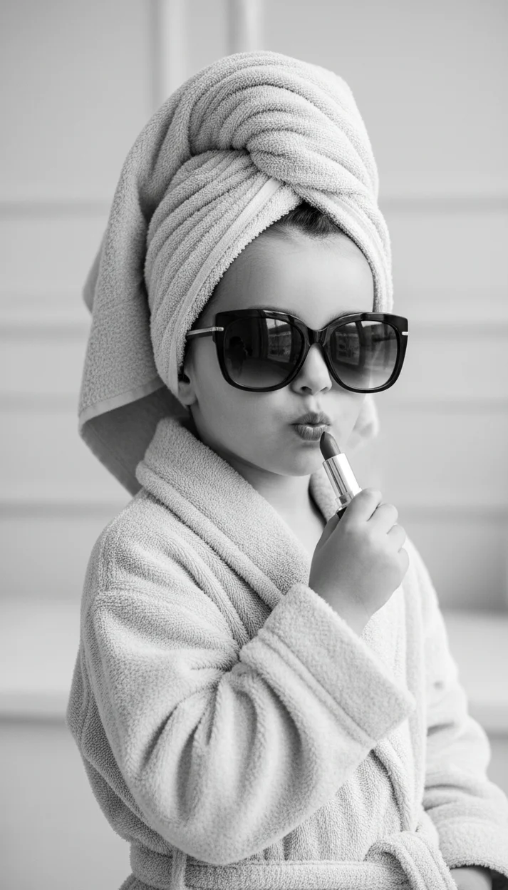 Чёрно-белый модный портрет ребёнка в очках и халате
