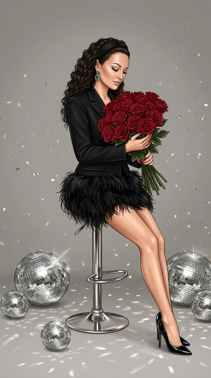  Девушка с букетом красных роз в гламурной студии