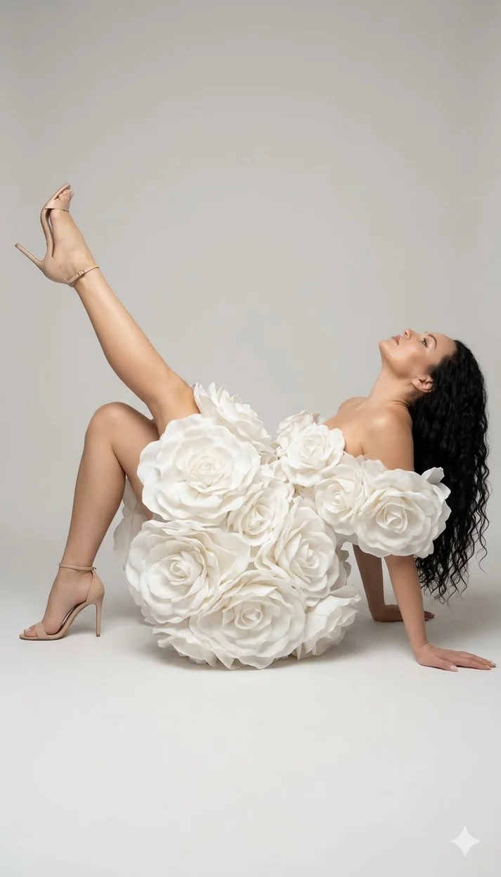 Женщина в белом платье из крупных тканевых цветов лежит на студийной поверхности