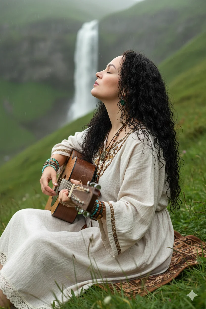 портрет женщины из богемы в профиль, сидящей на заросшем травой горном склоне