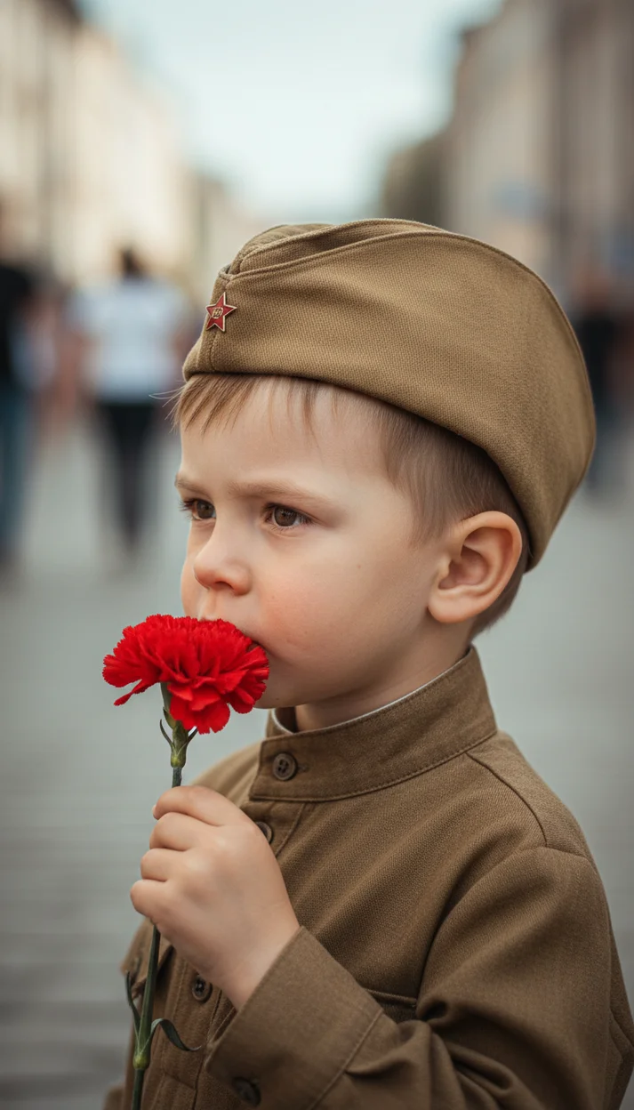  Ребёнок в пилотке с гвоздикой у лица