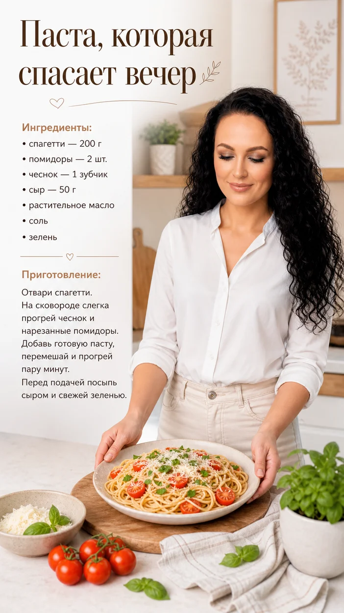 Фотосессия кулинарной карточки с пастой и лицом из референса