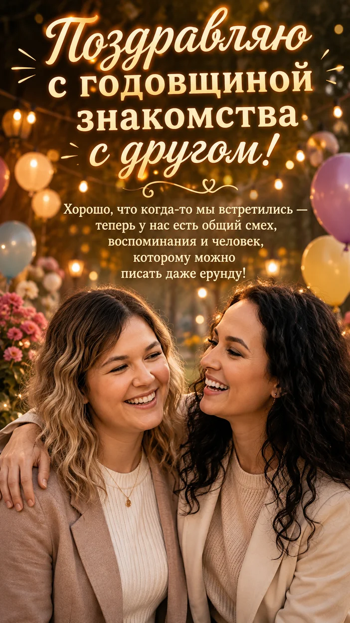 Фотооткрытка для друга с поздравлением "Поздравляю с годовщиной знакомства с другом!"