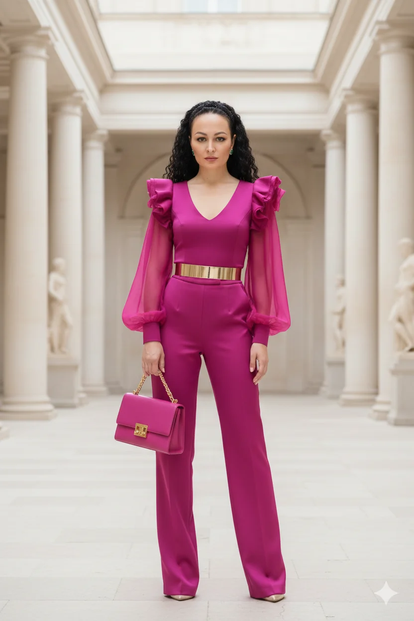 Роскошная fashion-съёмка: девушка в ярком розовом костюме с золотым поясом в классической архитектуре
