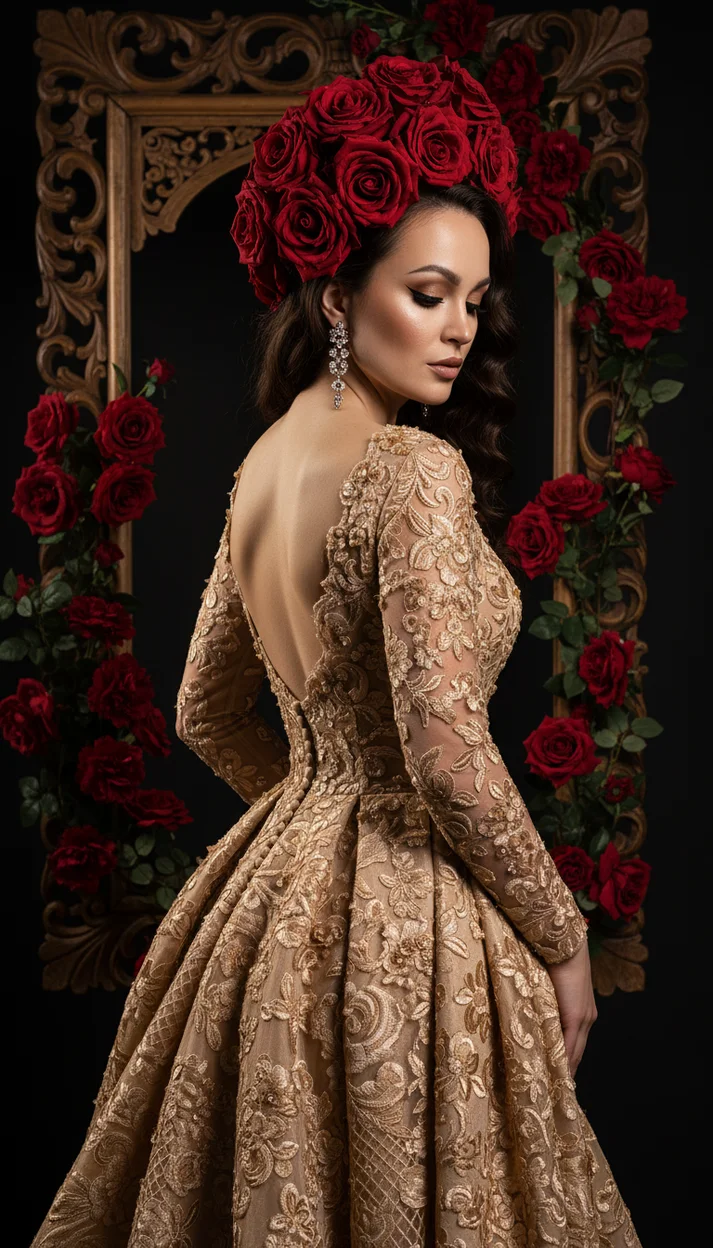  Девушка в богато декорированном платье с розами стоит спиной в полуповороте