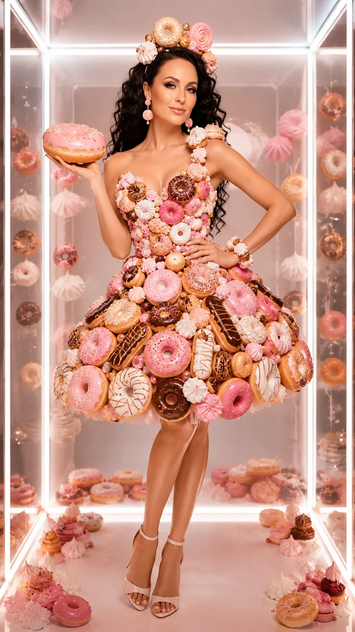 Фотосессия девушки в сладком couture-образе в светящемся кубе