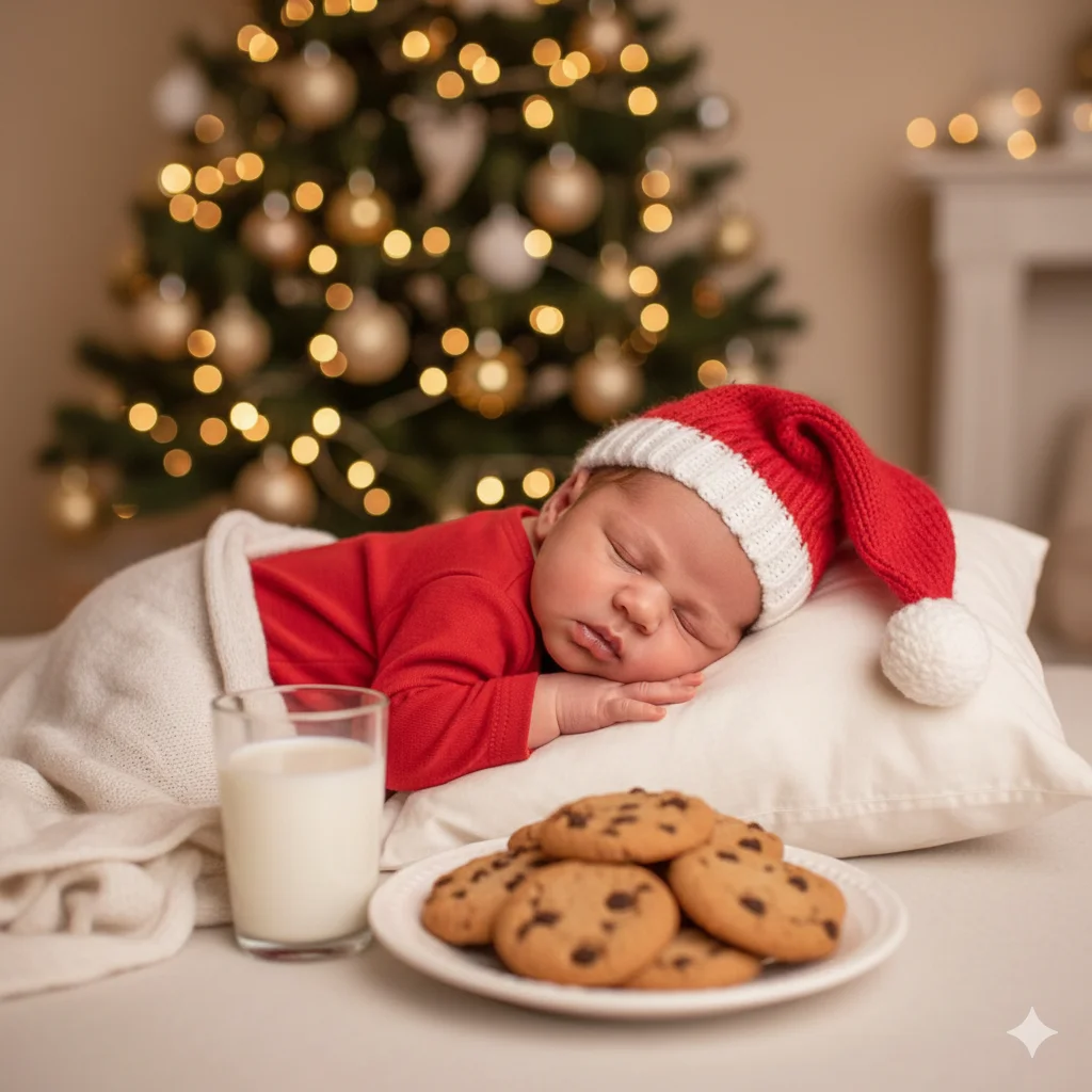 На малыше красный праздничный комплект с длинными рукавами и мягкая красно-белая шапочка в стиле Санты