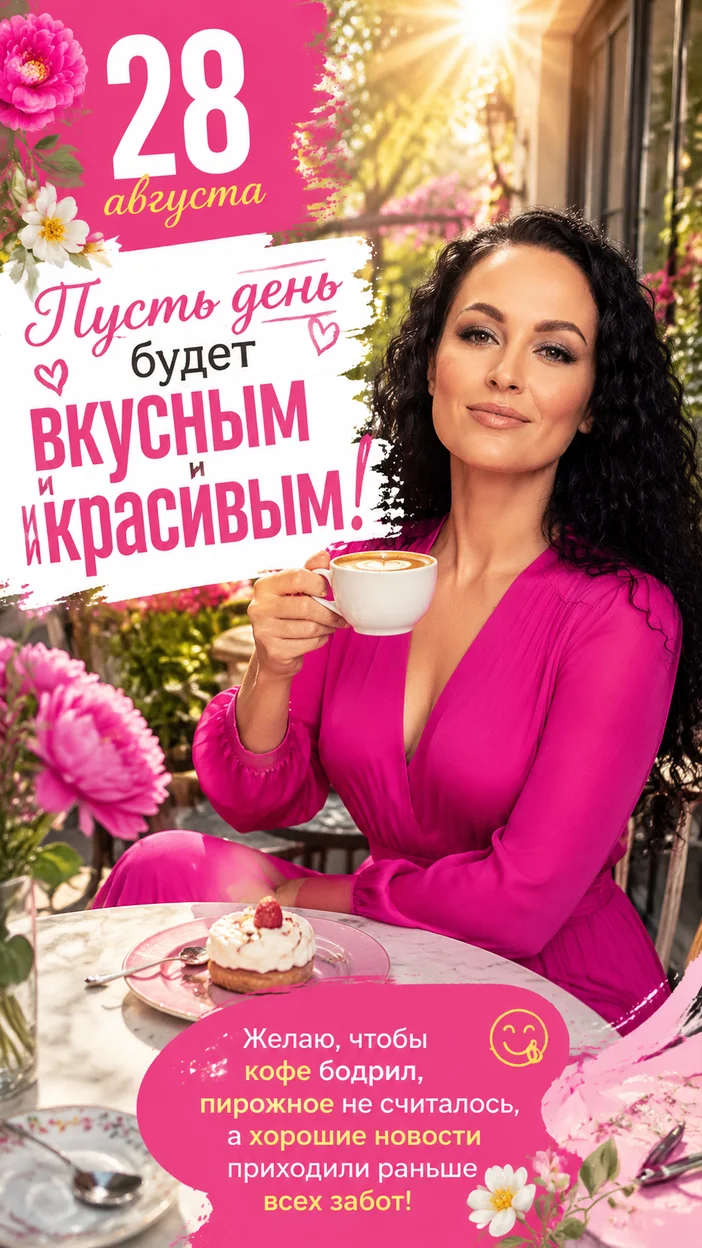 Фотосессия женщины в платье фуксии на летней веранде кафе