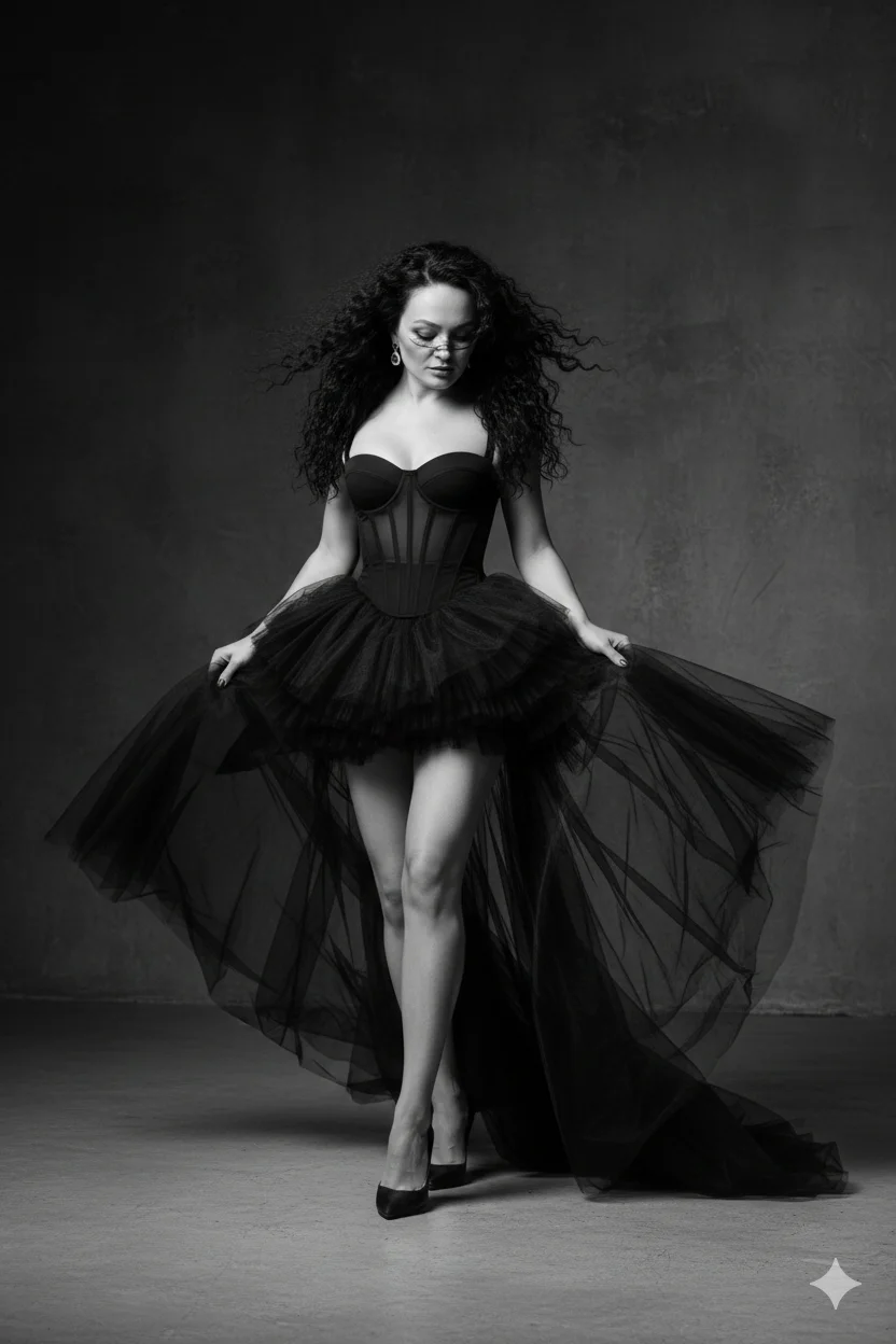 Женщина в монохромной студии в чёрном корсетном платье с тюлевой юбкой