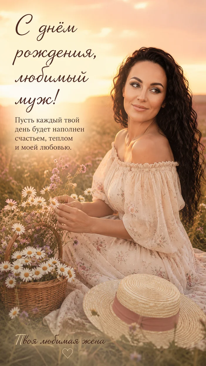 Фотосессия женщина в поле с корзиной — поздравление мужу