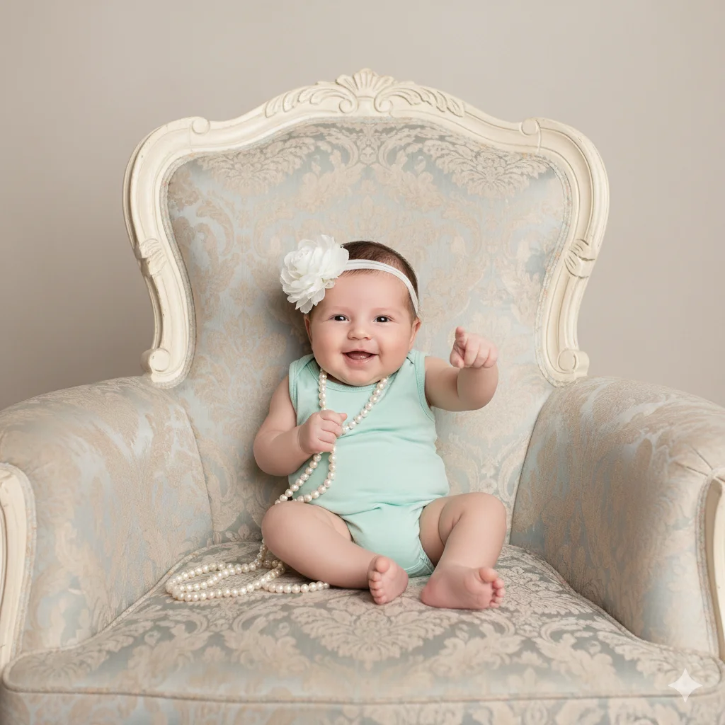 Малыш в мятном боди с жемчужными бусами сидит на винтажном кресле