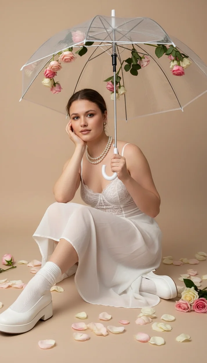 Девушка в студии с прозрачным зонтом с цветами сидя на полу взгляд в камеру мягкий свет