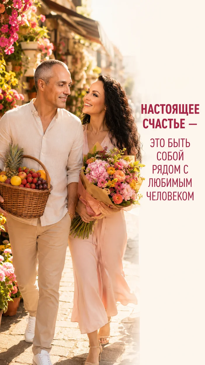 Фотосессия пары на цветочной улице с корзиной и букетом