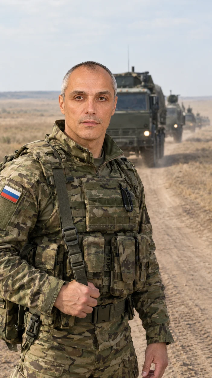 Фотосессия мужчина в российской военной форме на полевой дороге на фоне колонны военной техники