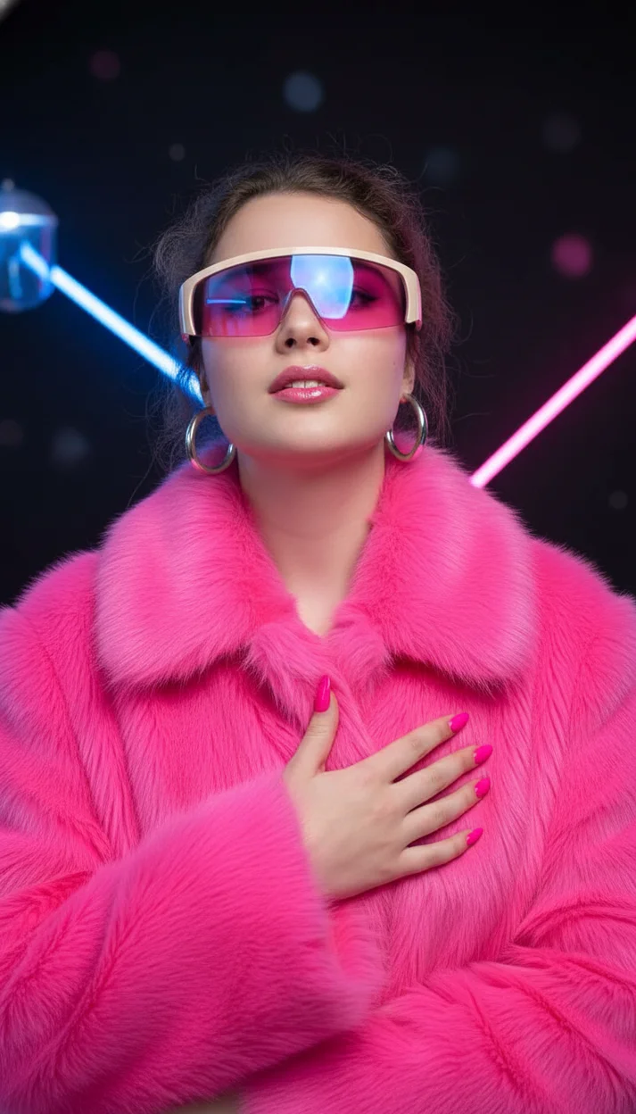 Девушка в студии в неоновом розовом образе крупный портрет фронтально взгляд вверх яркий свет