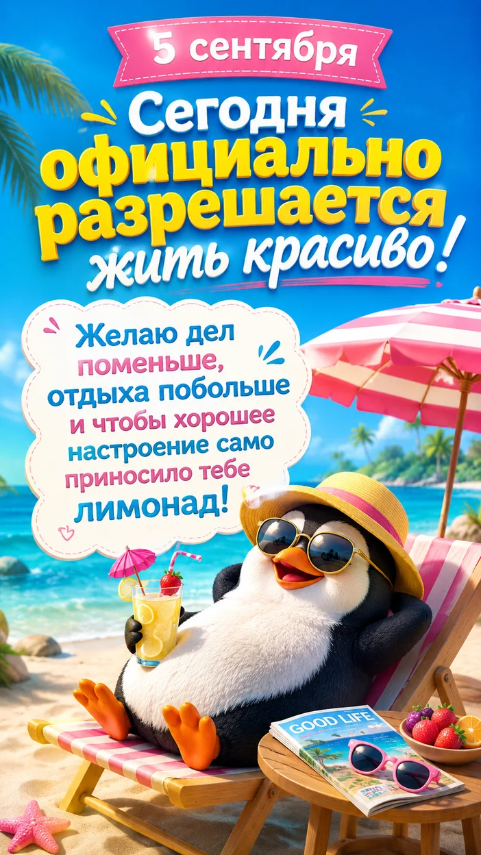 Видеооткрытка с пингвином на 5 сентября с мерцанием 