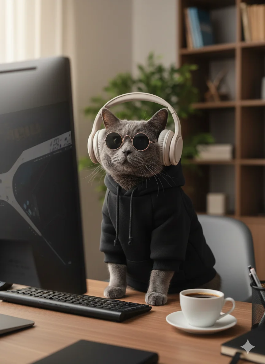 Кот в чёрном худи и наушниках за рабочим столом, сидит перед компьютером с чашкой кофе
