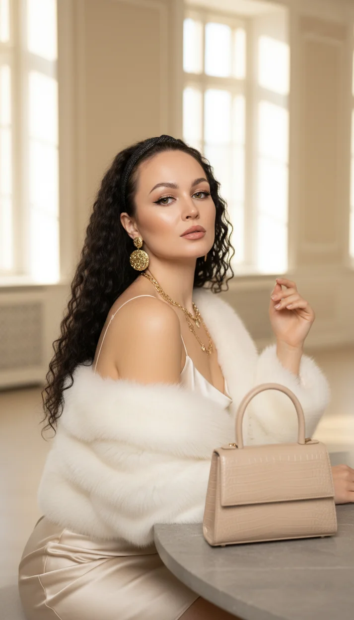  Девушка за столом в светлом платье и мехе полуоборот