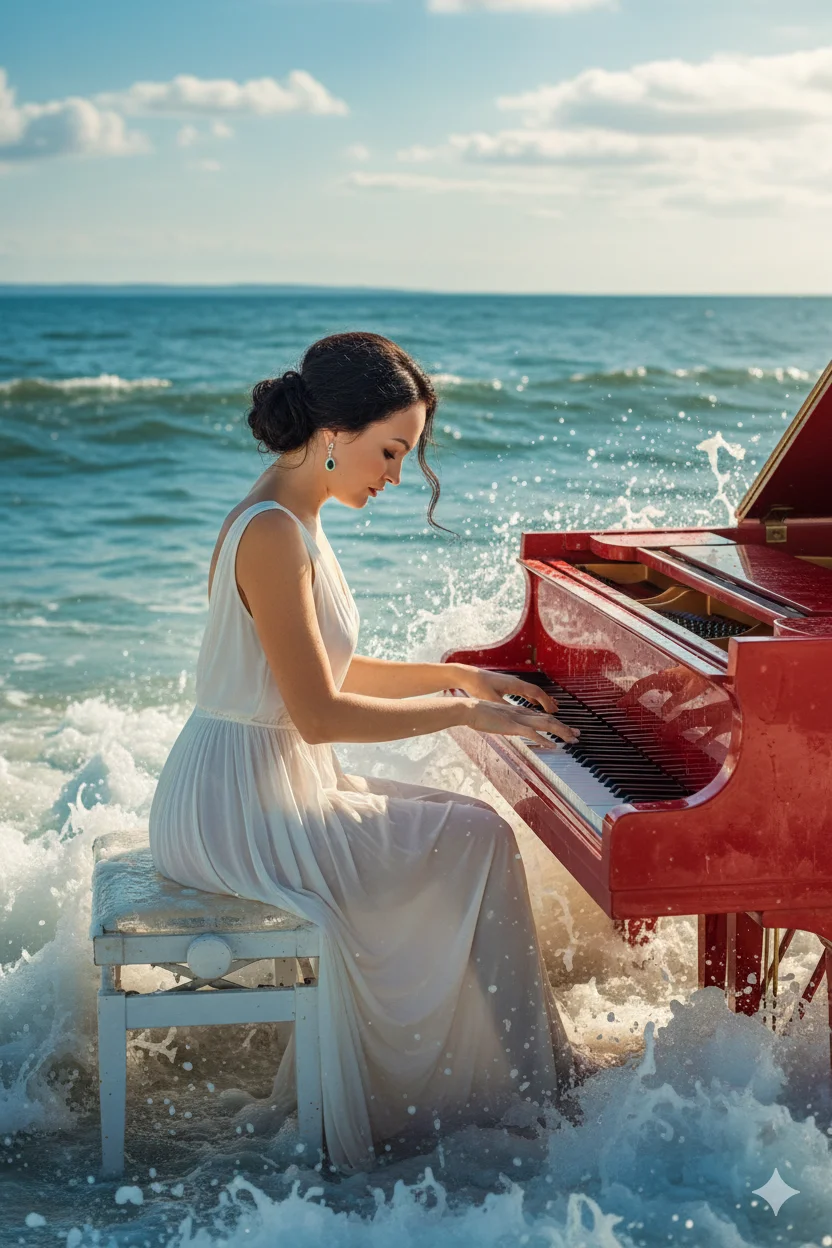 Девушка играет на ярко красном рояле, который частично погружён в бушующую морскую воду