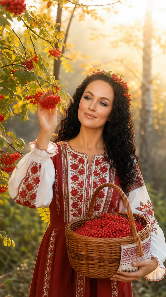 Фотосессия девушки в народном платье в осеннем саду