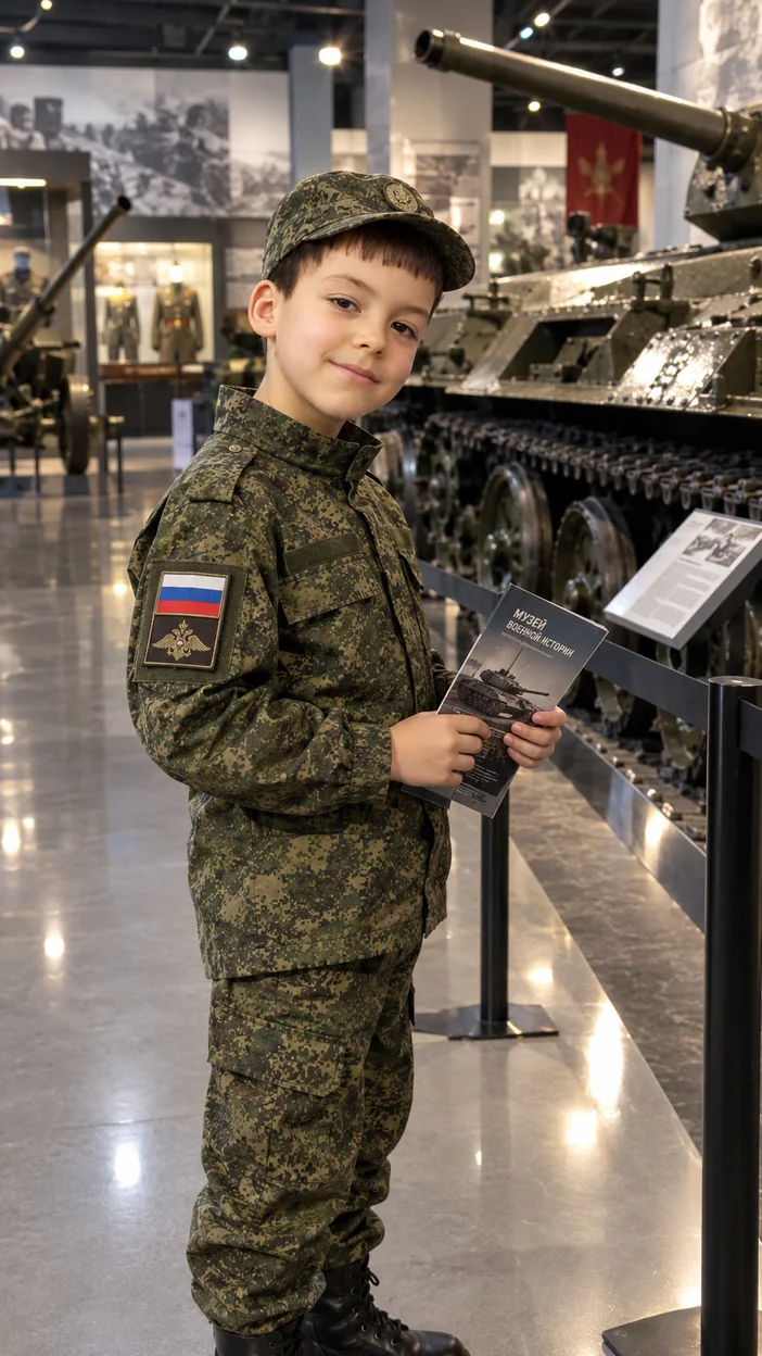 Фотосессия мальчика в музее военной истории в русской форме с музейным буклетом и видимым шевроном