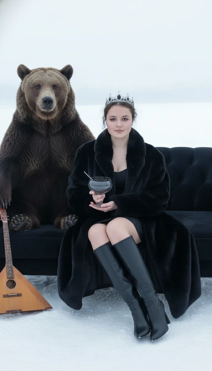Девушка на снегу на диване в чёрной шубе с короной