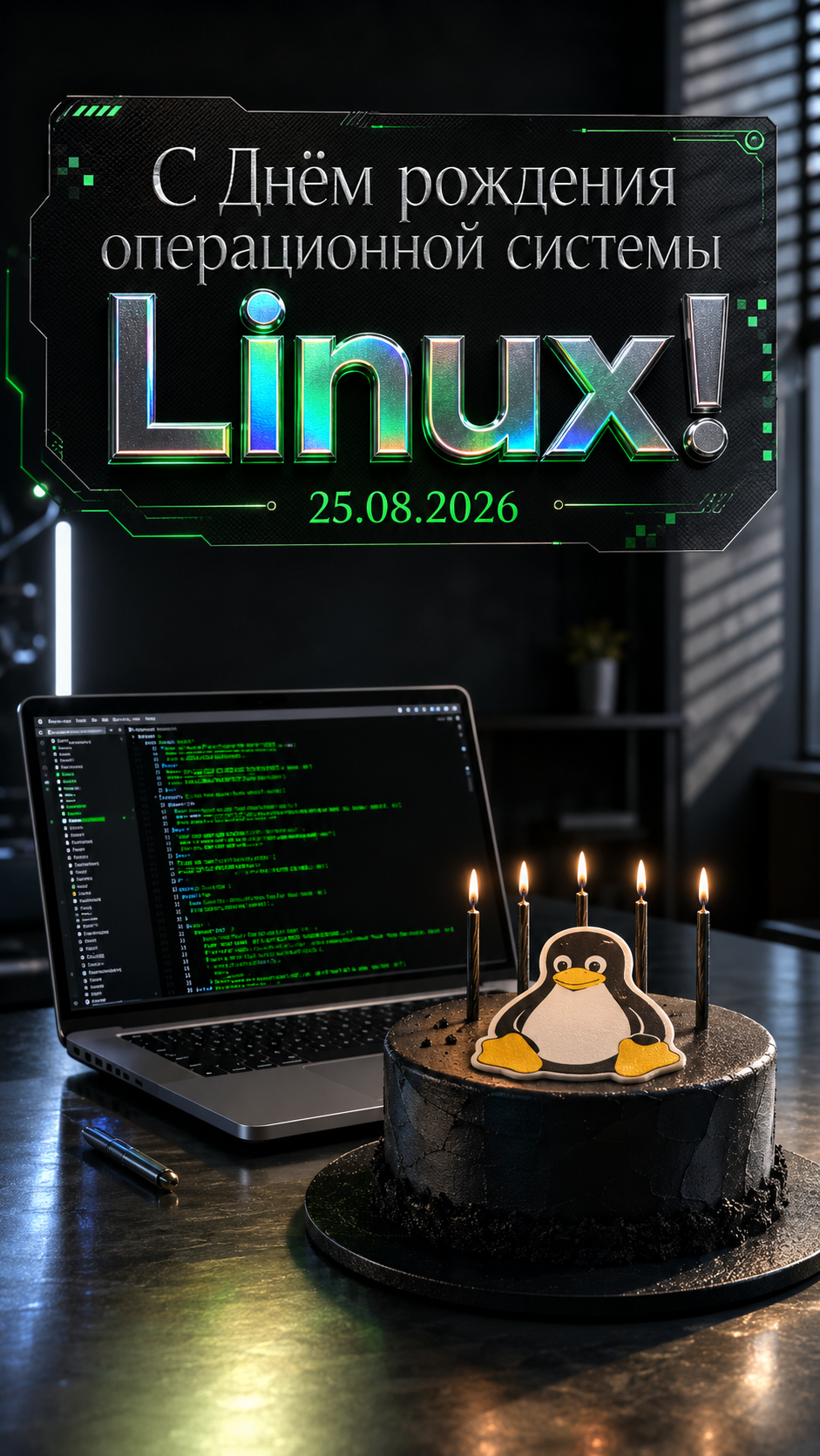 День рождения операционной системы Linux — 25.08.2026 — техно-баннер в студии