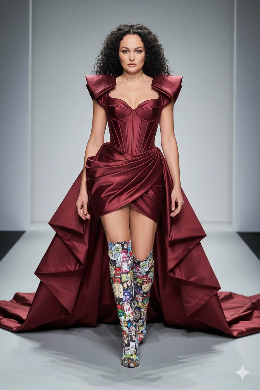Модель в бордовом платье с объёмным шлейфом и высоких сапогах