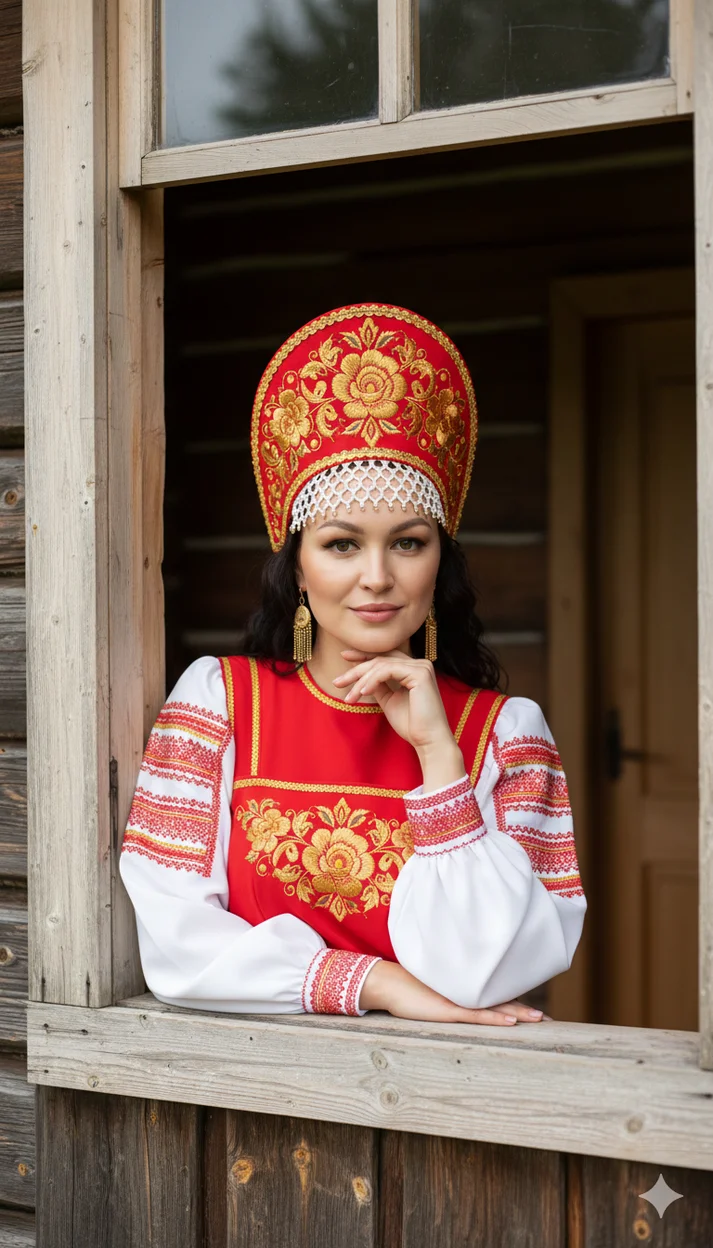 Женщина в народном костюме в оконном проёме деревянного дома