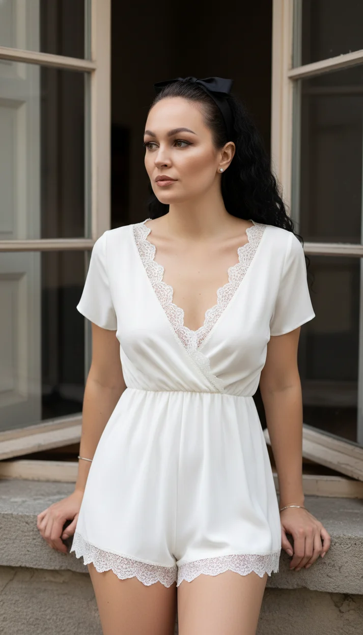 Девушка в окне в белом платье с кружевом