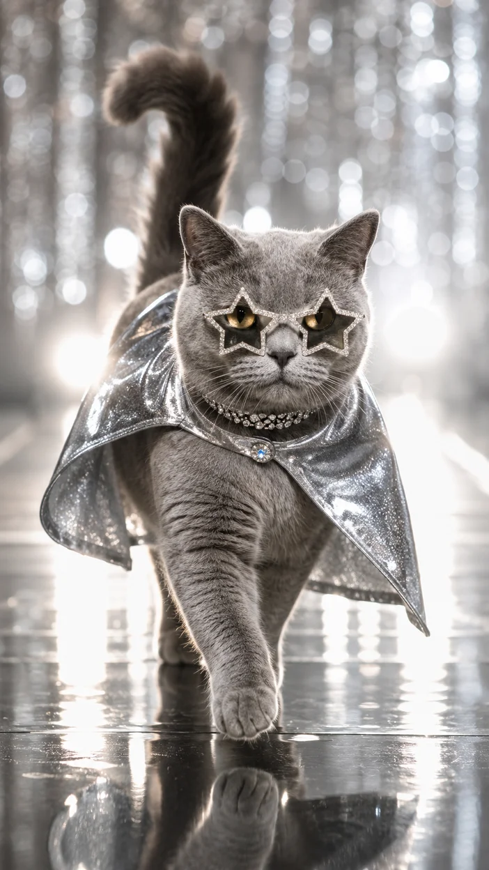 Фотосессия кошки в серебристом плаще на зеркальном подиуме