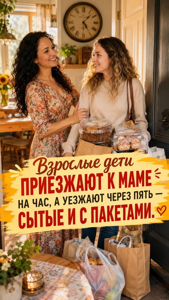 Фотооткрытка для мамы с текстом "Взрослые дети приезжают к маме на час, а уезжают через пять — сытые и с пакетами."