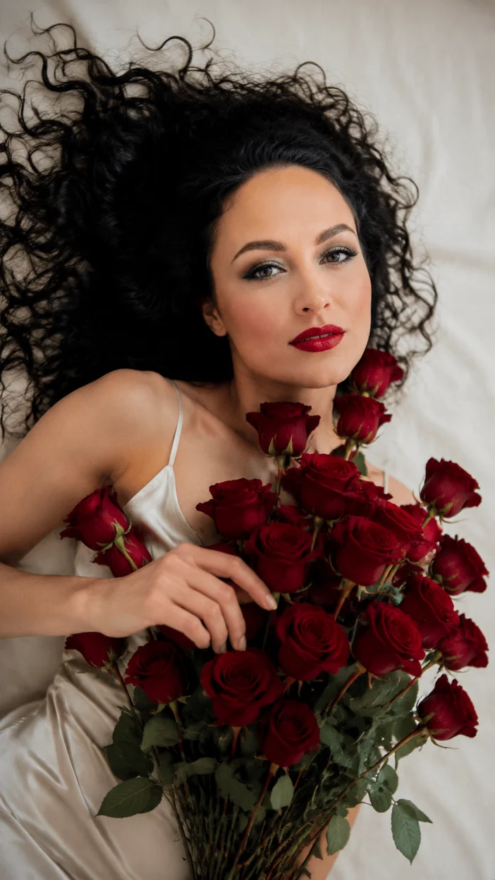 Фотосессия девушки лёжа с розами сверху