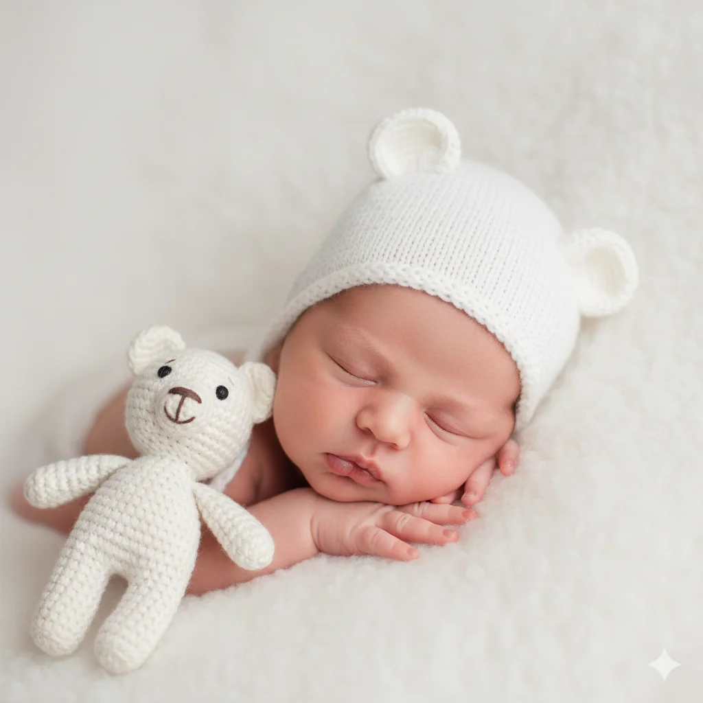Малыш лежит спит в   белой  вязаной шапочке с с ушками медвежонка