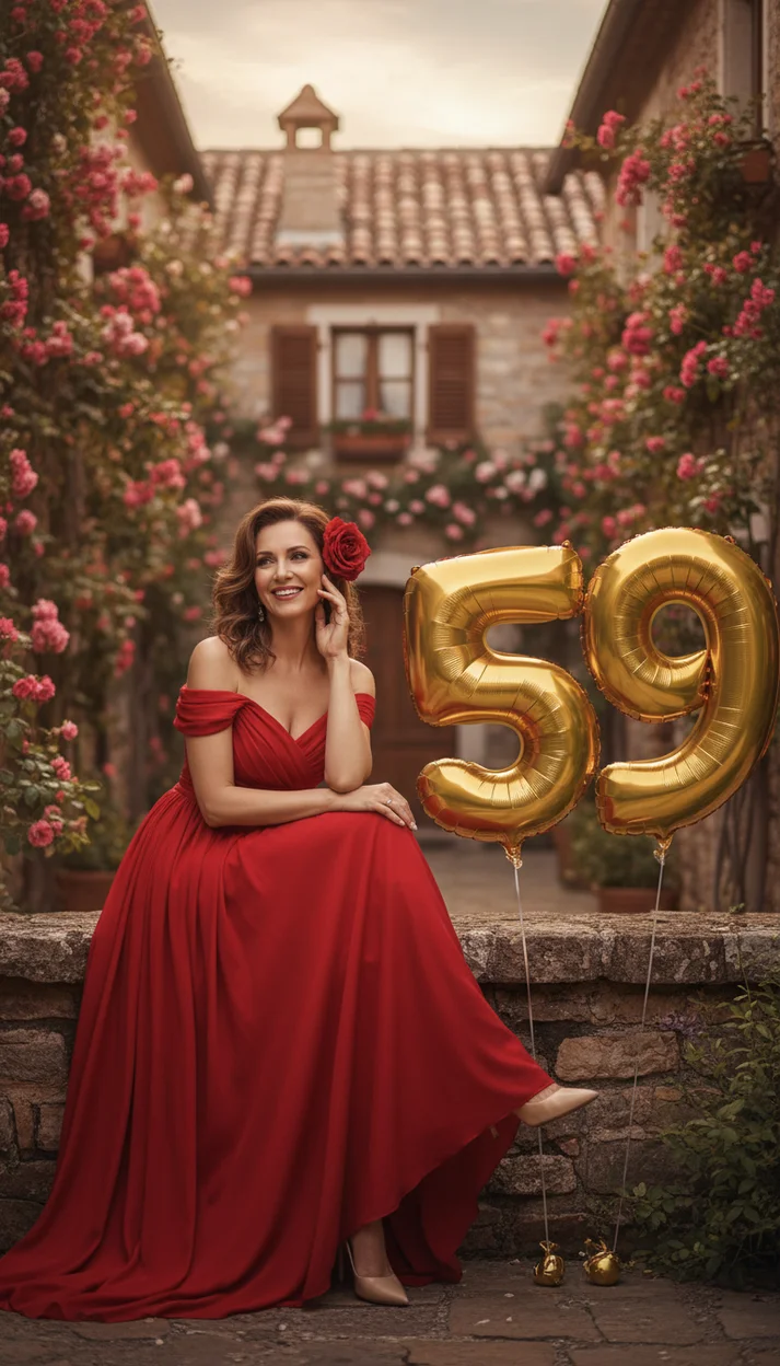  59 лет — фотосессия в красном платье в цветочном дворике