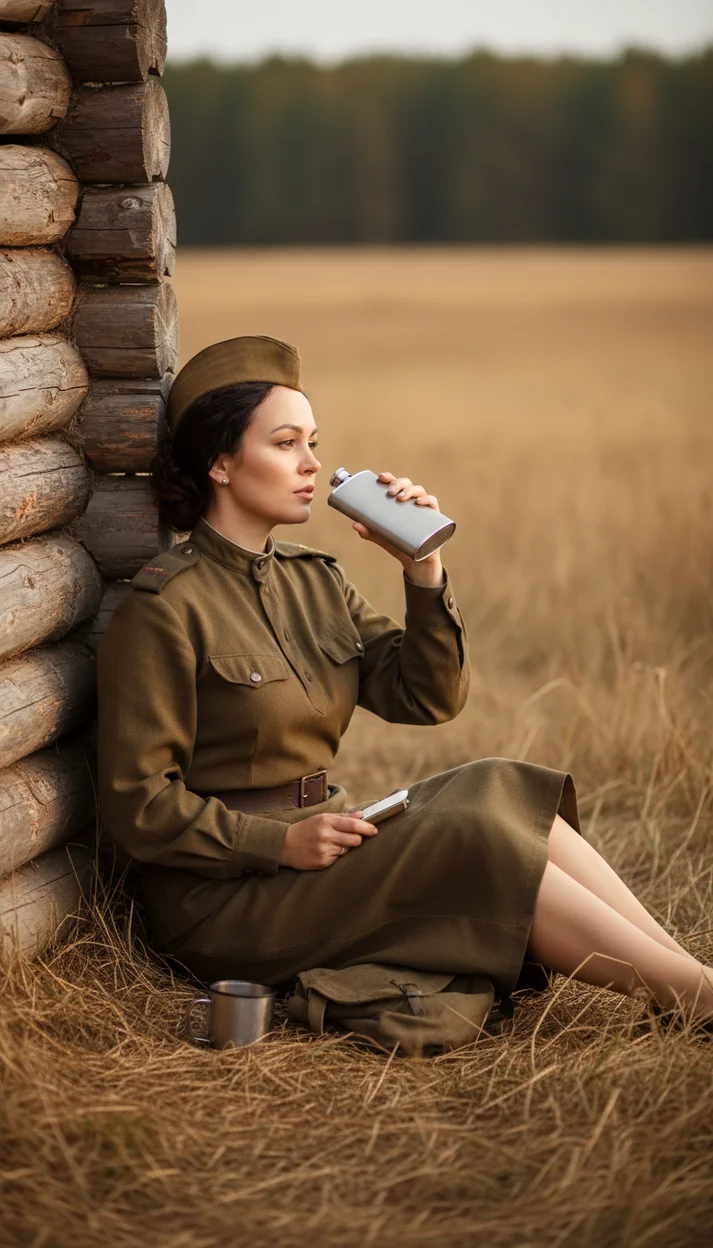 Женщина в военной форме у деревянного укрытия на поле пьёт из фляги