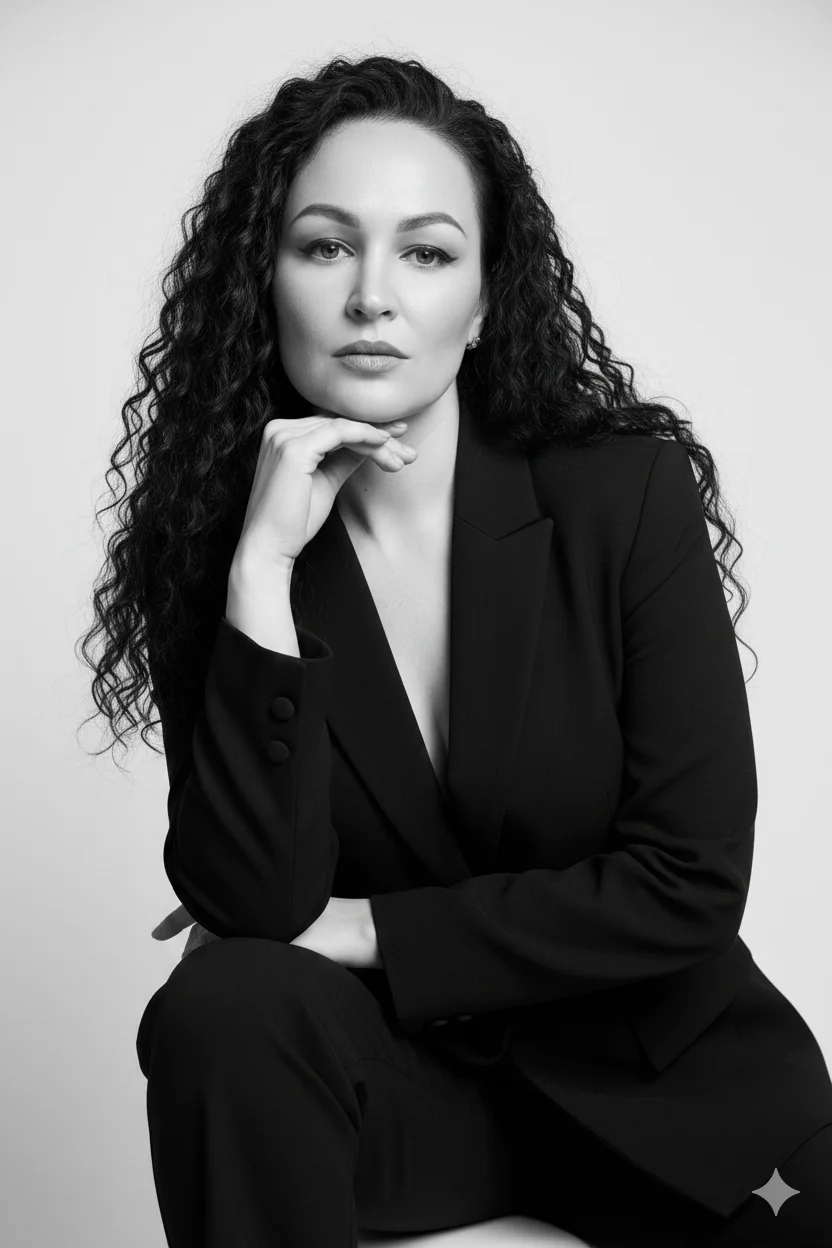 Чёрно-белый fashion-портрет: девушка в жакете, сидячая поза с опорой на руку и акцентом на взгляд