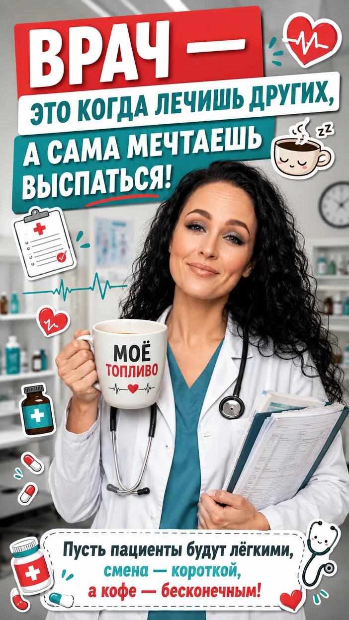 Фотооткрытка врачам с поздравлением "ВРАЧ — ЭТО КОГДА ЛЕЧИШЬ ДРУГИХ, А САМА МЕЧТАЕШЬ ВЫСПАТЬСЯ!"