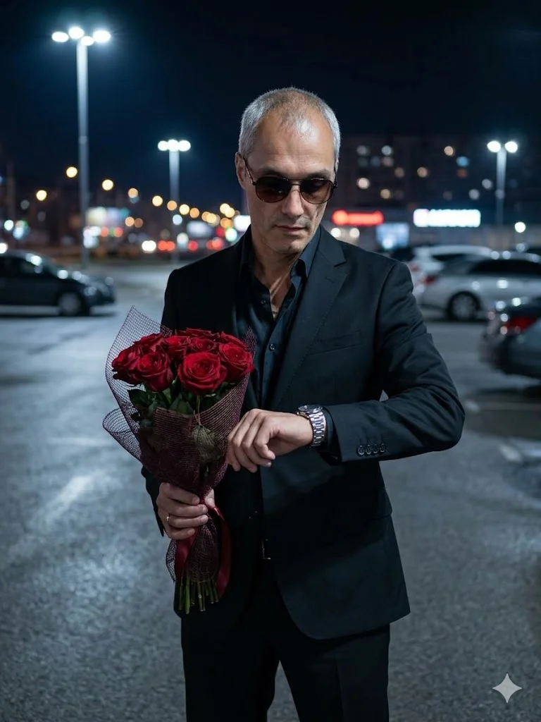 Мужчина в чёрном костюме с букетом роз