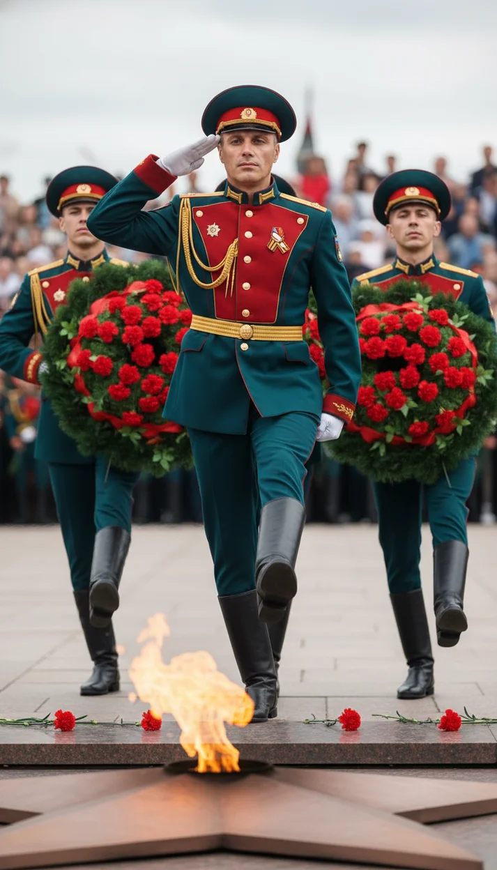 торжественная военная церемония у вечного огня, День Победы. 