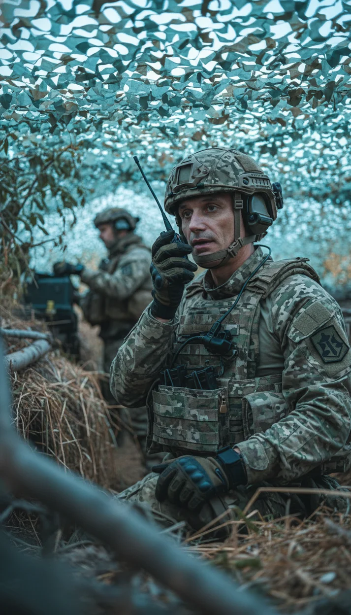  Военный на позиции под маскировочной сетью,  СВО ИИ ФОТО 