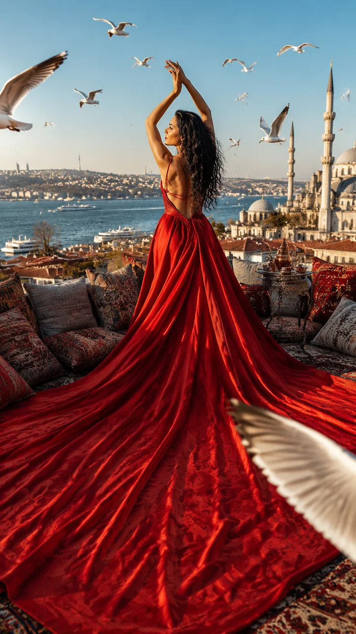 Фотосессия девушки в красном платье на террасе Стамбула