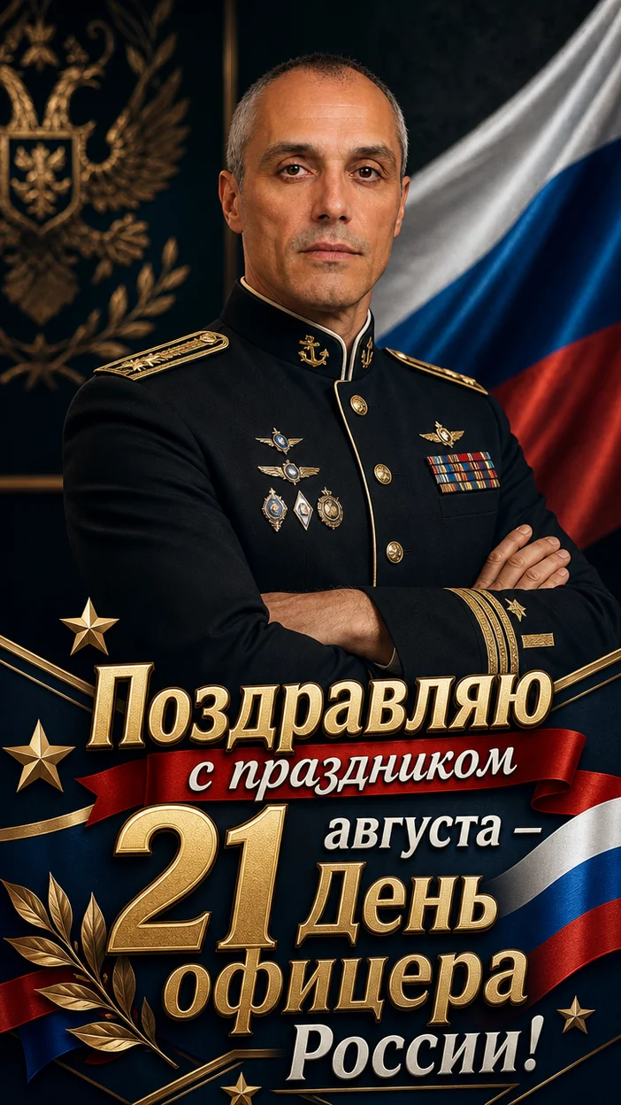 Фотосессия офицера с крупным праздничным текстом и флагом