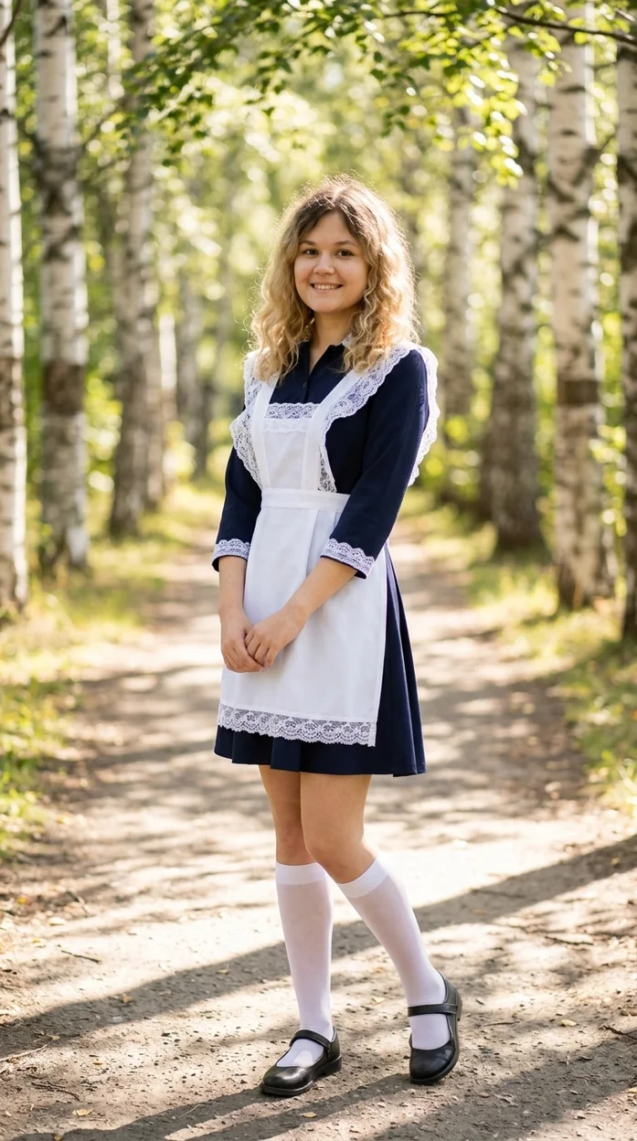 сцена в живописной березовой аллее девушка в школьной форме 